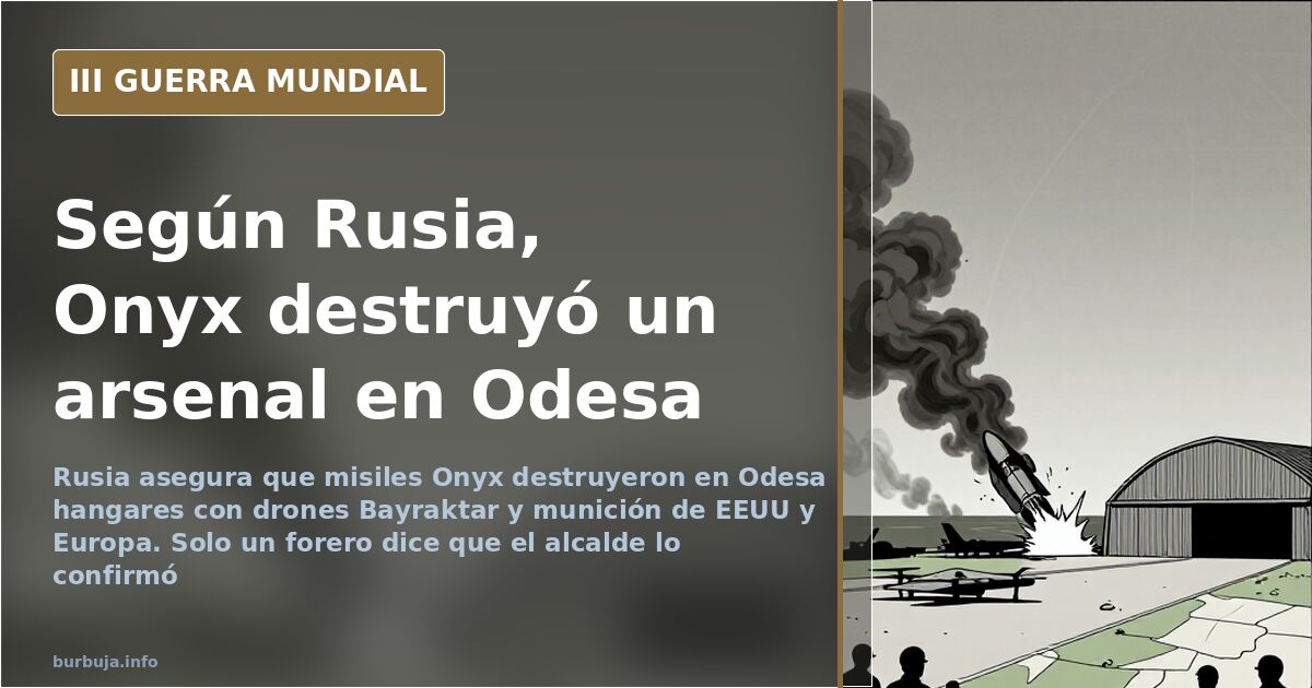 Mapa ilustrado del Mar Negro con Odesa señalada, siluetas de hangares y columnas de humo, según el anuncio ruso de un bombard