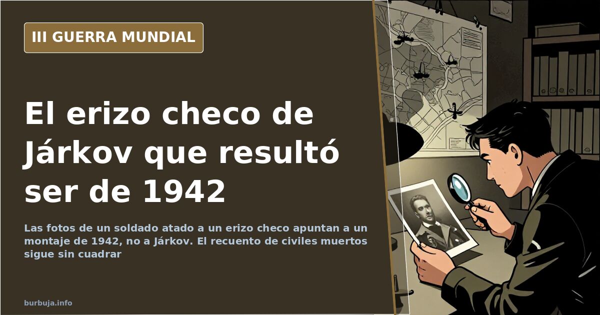 Erizo checo, obstáculo antitanque de acero cruzado, en un paisaje desaturado con siluetas de blindados y humo lejano