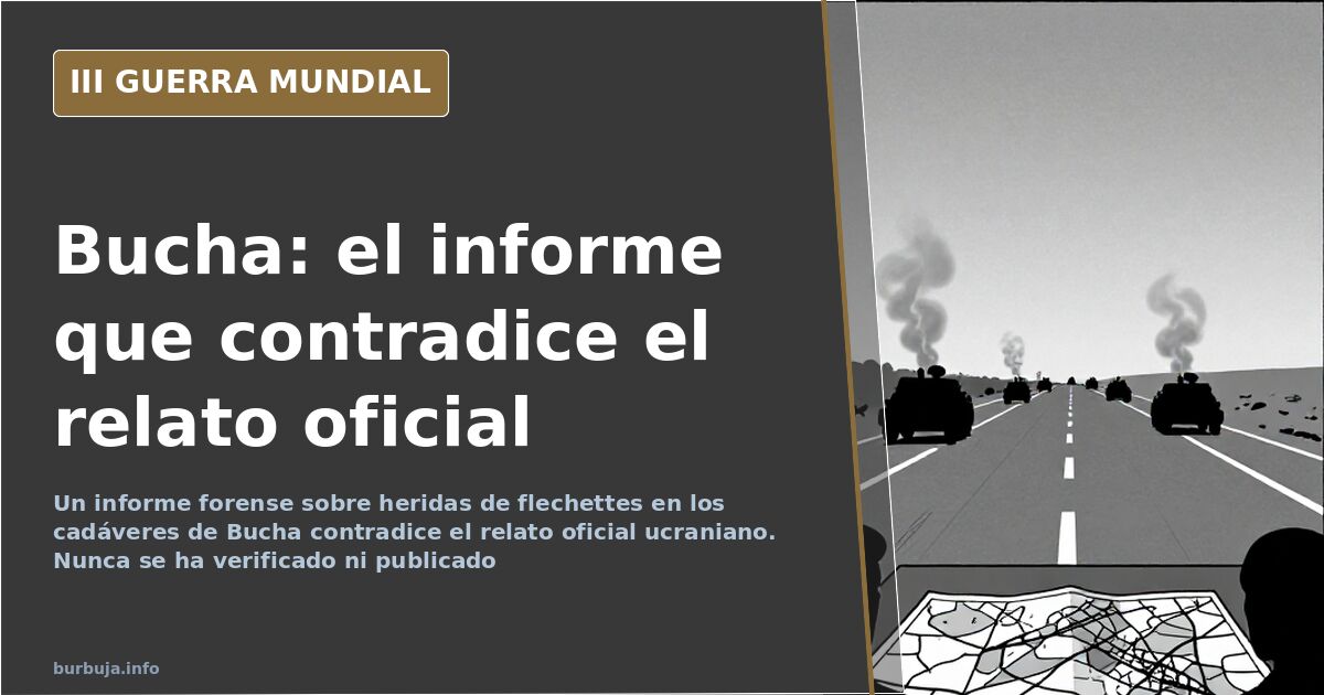 Ilustración documental de Bucha con siluetas militares, mapa y humo en el horizonte durante la guerra en Ucrania