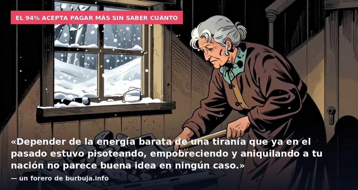 El 94% acepta pagar más sin saber cuánto: «Depender de la energía barata de una tiranía que ya en el pasado estuvo pisoteando, empobreciendo y aniquilando a tu nación no parece buena idea en ningún caso.» — un forero de burbuja.info