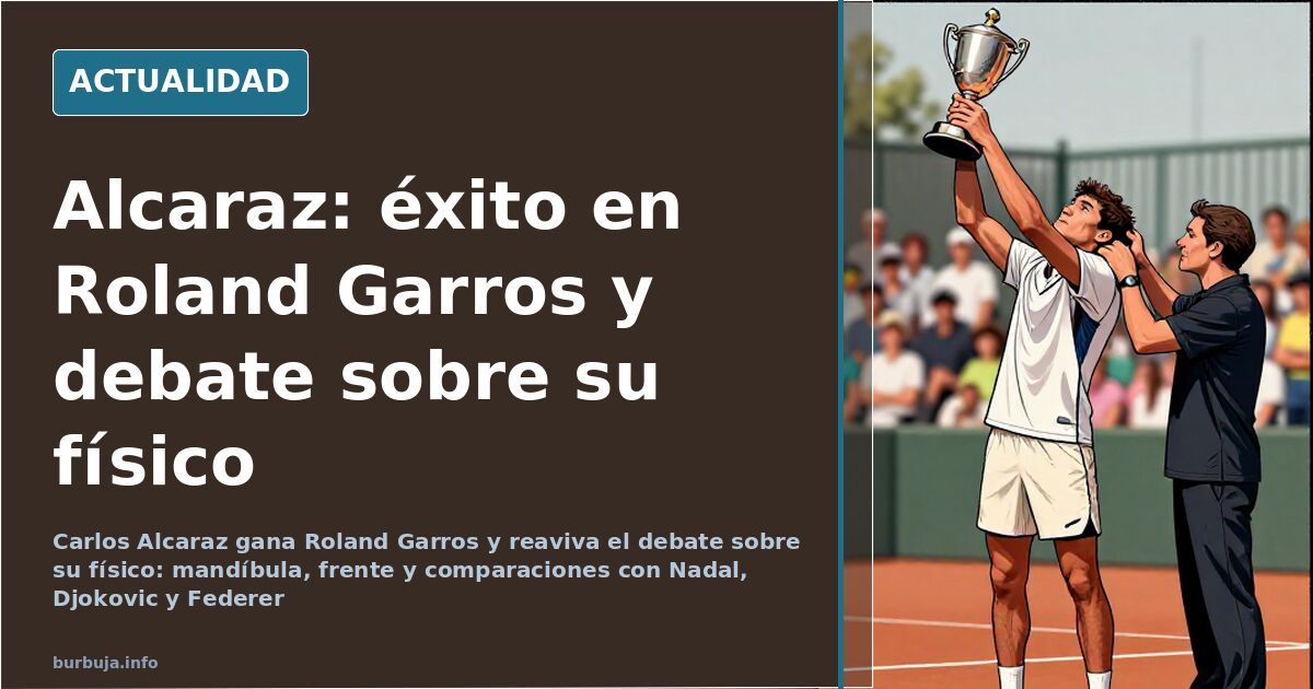 Carlos Alcaraz levantando el trofeo de Roland Garros mientras un hombre detrás sostiene la copa con gesto incómodo