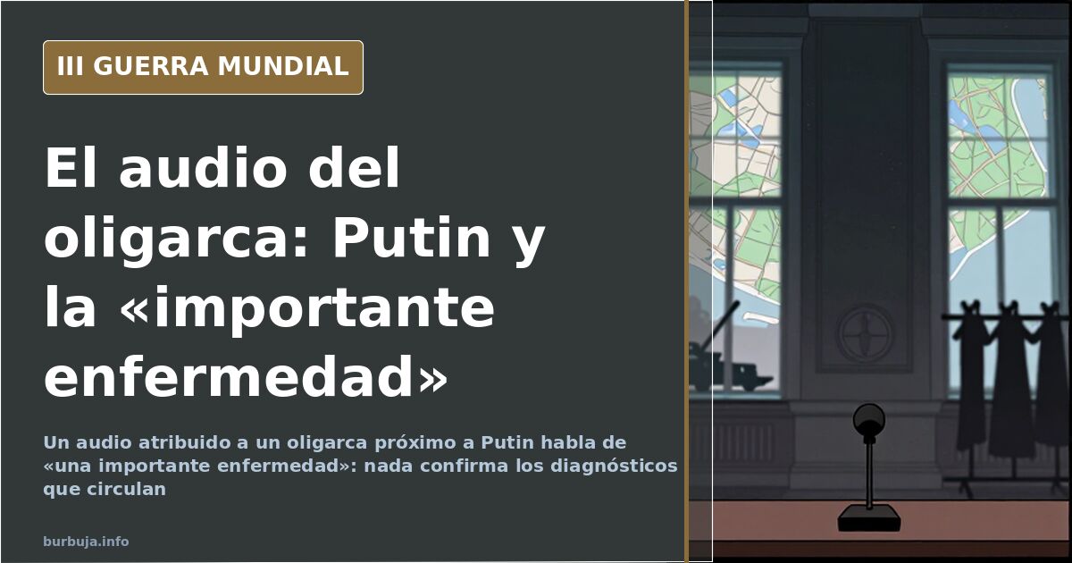 Silueta de un mandatario en un despacho desaturado con mapas y un micrófono, sobre el audio de la salud de Putin