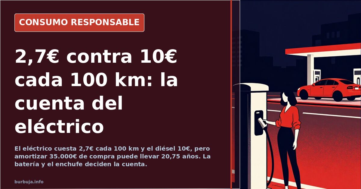Coche eléctrico enchufado en un garaje junto a una comparativa de coste por cada 100 kilómetros frente al diésel