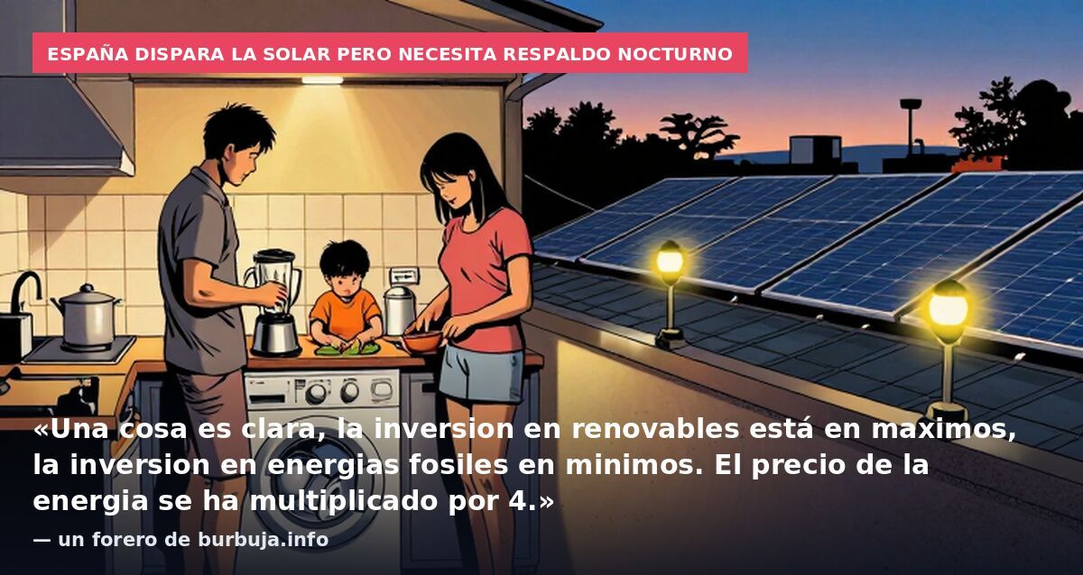 España dispara la solar pero necesita respaldo nocturno: «Una cosa es clara, la inversion en renovables está en maximos, la inversion en energias fosiles en minimos. El precio de la energia se ha multiplicado por 4.» — un forero de burbuja.info