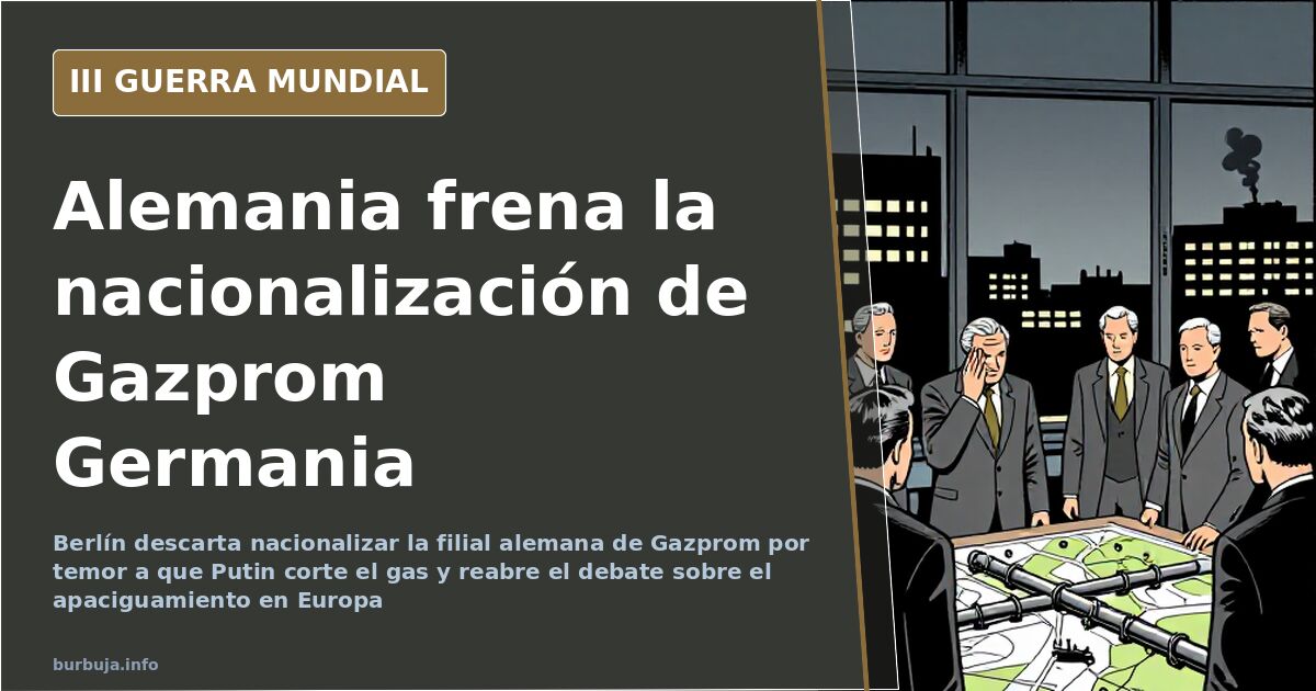 Mapa de Europa con Alemania señalada y gasoductos hacia Rusia, siluetas de infraestructura energética y humo lejano en el hor