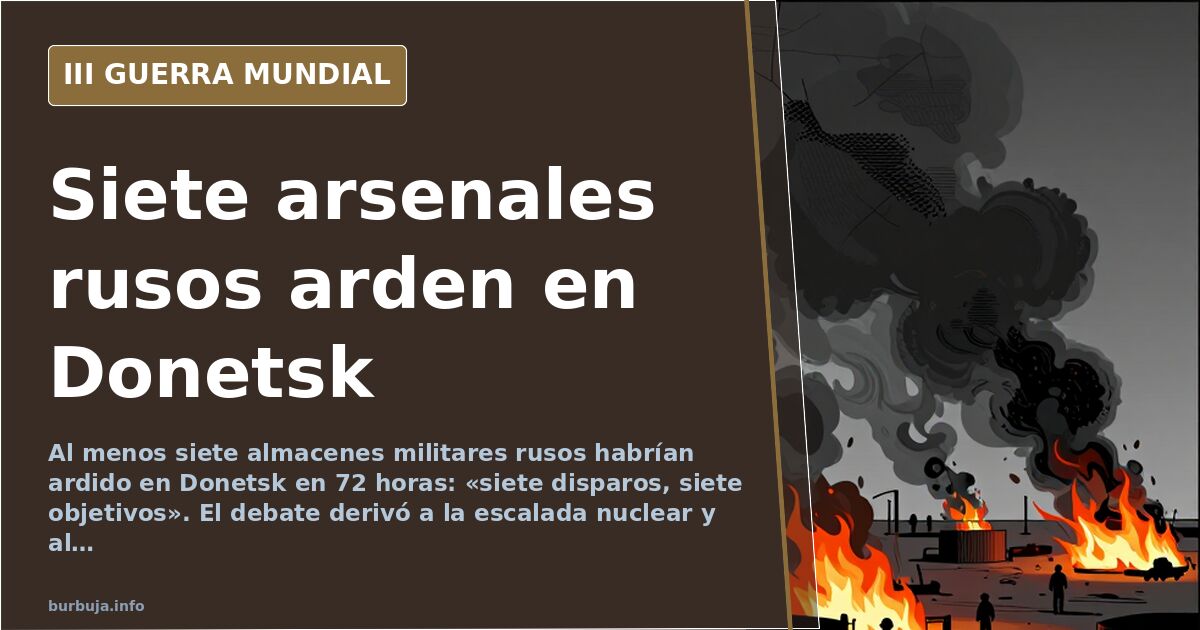Ilustración documental desaturada de almacenes militares en llamas en Donetsk con columnas de humo y siluetas de artillería p
