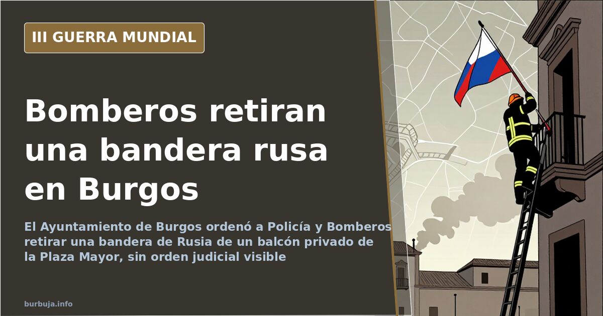 Bandera de Rusia colgada en la fachada de un local de la Plaza Mayor de Burgos, con viandantes al fondo