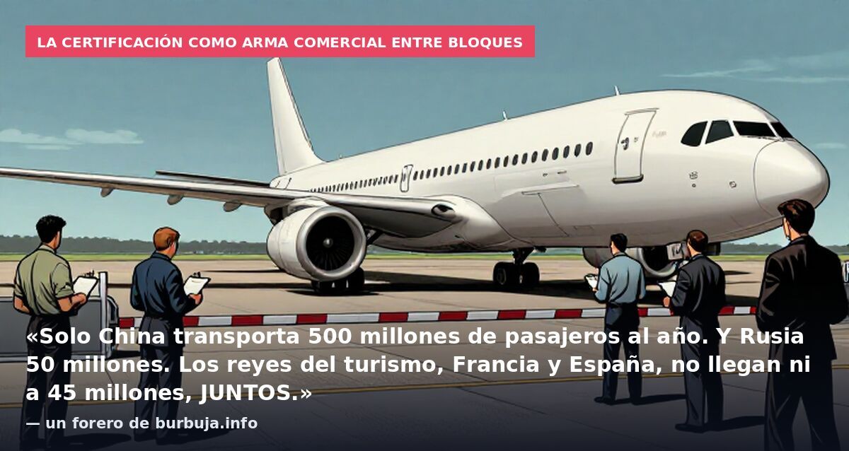 La certificación como arma comercial entre bloques: «Solo China transporta 500 millones de pasajeros al año. Y Rusia 50 millones. Los reyes del turismo, Francia y España, no llegan ni a 45 millones, JUNTOS.» — un forero de burbuja.info