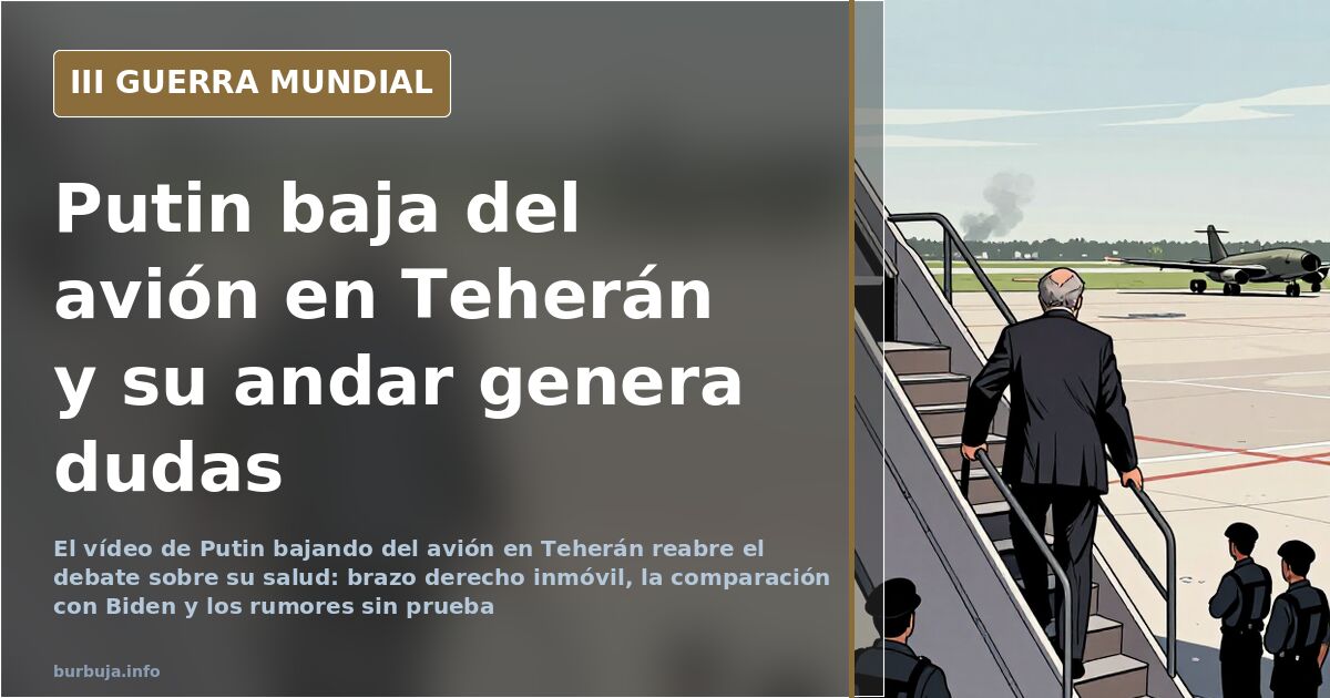Vladímir Putin descendiendo la escalerilla de un avión a su llegada a Teherán, con la comitiva al pie de la pista