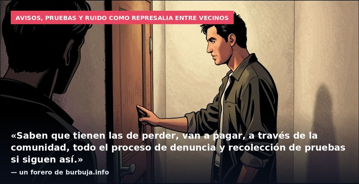 Avisos, pruebas y ruido como represalia entre vecinos: «Saben que tienen las de perder, van a pagar, a través de la comunidad, todo el proceso de denuncia y recolección de pruebas si siguen así.» — un forero de burbuja.info