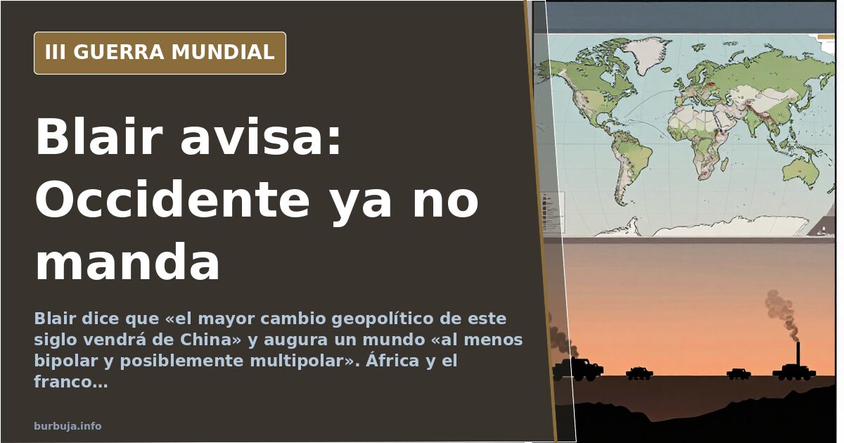 Sala de conferencias con un mapa del mundo dividido en dos bloques y siluetas de equipos militares bajo una columna de humo e