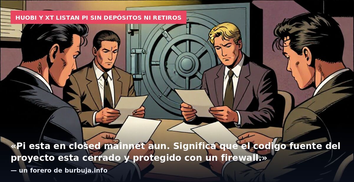 Huobi y XT listan Pi sin depósitos ni retiros: «Pi esta en closed mainnet aun. Significa que el codigo fuente del proyecto esta cerrado y protegido con un firewall.» — un forero de burbuja.info