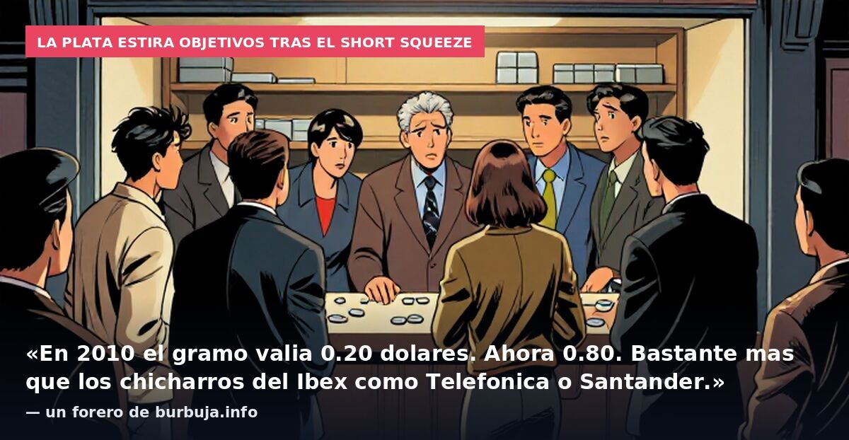 La plata estira objetivos tras el short squeeze: «En 2010 el gramo valia 0.20 dolares. Ahora 0.80. Bastante mas que los chicharros del Ibex como Telefonica o Santander.» — un forero de burbuja.info