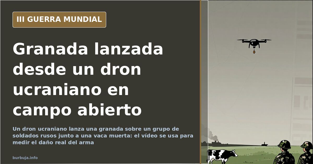 Silueta de un dron ucraniano sobrevolando un campo abierto con una vaca caída y humo lejano en el horizonte