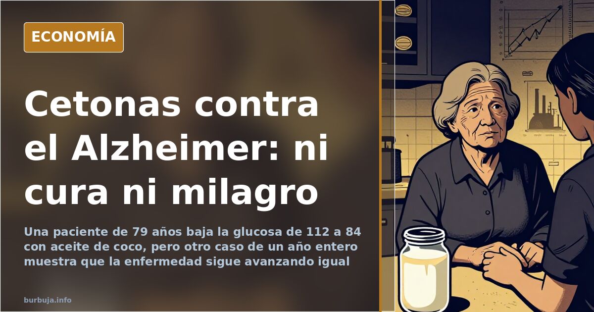 Ilustración editorial sobre el Alzheimer y las cetonas con gráficos financieros, frascos y un cerebro estilizado en azul mari