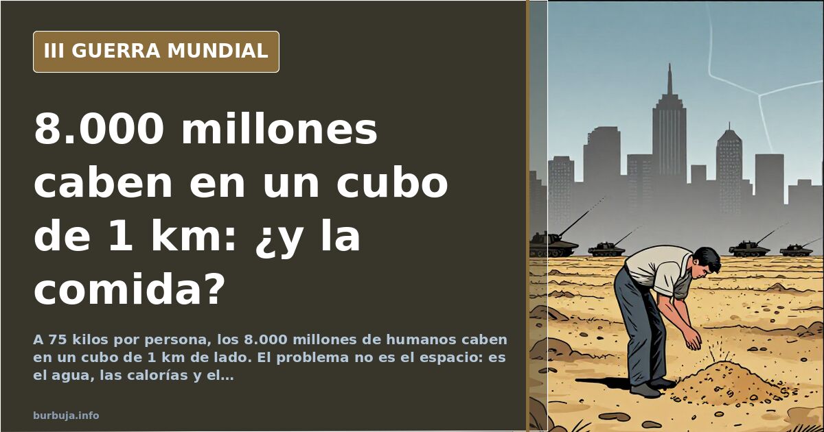 Ilustración documental de un cubo gigante sobre un mapa desaturado, con siluetas humanas y columnas de humo lejanas en el hor