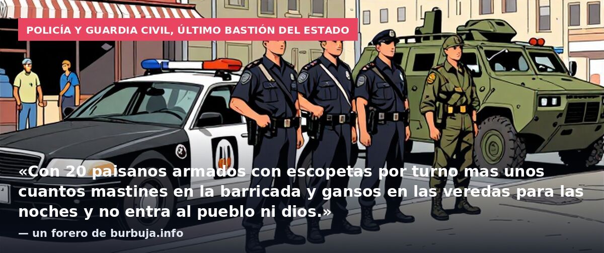 Policía y Guardia Civil, último bastión del Estado: «Con 20 paisanos armados con escopetas por turno mas unos cuantos mastines en la barricada y gansos en las veredas para las noches y no entra al pueblo ni dios.» — un forero de burbuja.info
