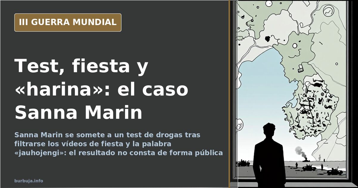 Mapa de Finlandia y siluetas de material militar en una ilustración documental desaturada sobre Sanna Marin