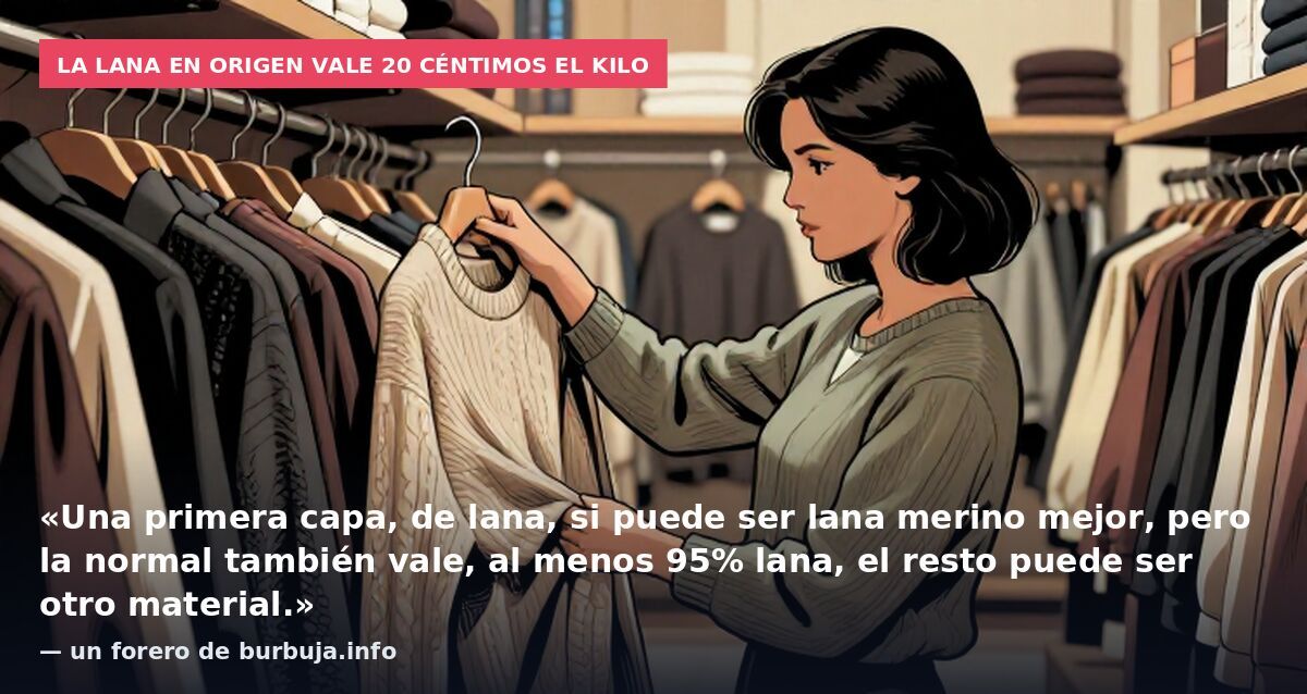 La lana en origen vale 20 céntimos el kilo: «Una primera capa, de lana, si puede ser lana merino mejor, pero la normal también vale, al menos 95% lana, el resto puede ser otro material.» — un forero de burbuja.info