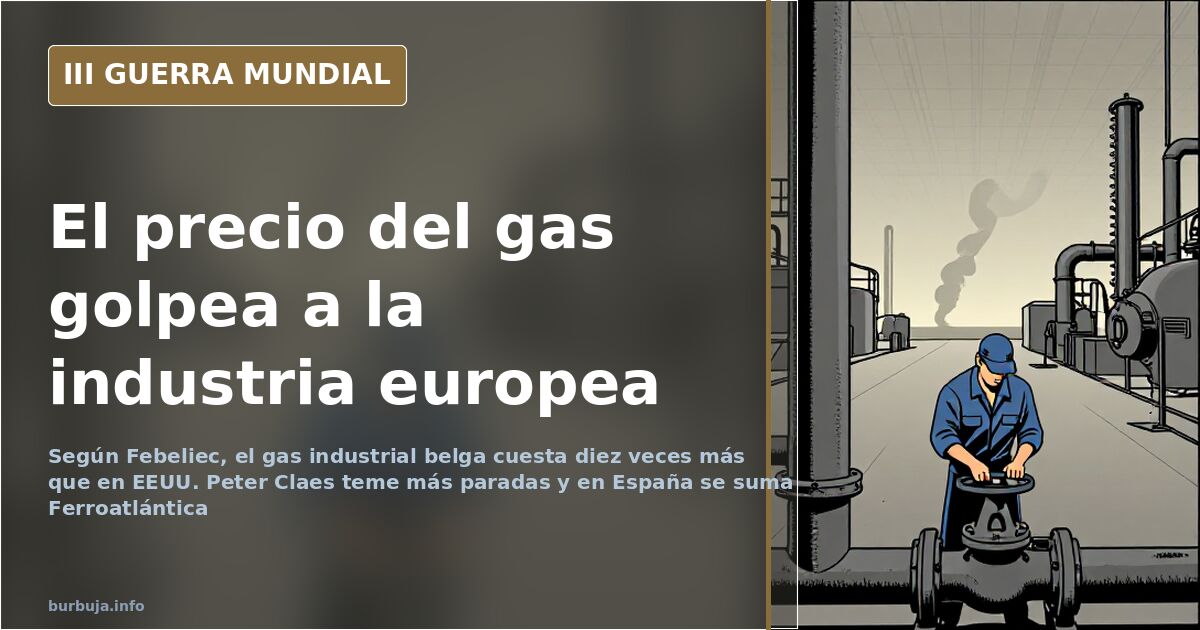 Ilustración sobria de chimeneas industriales apagadas en Europa con un mapa y una nube de humo lejano al fondo durante la cri