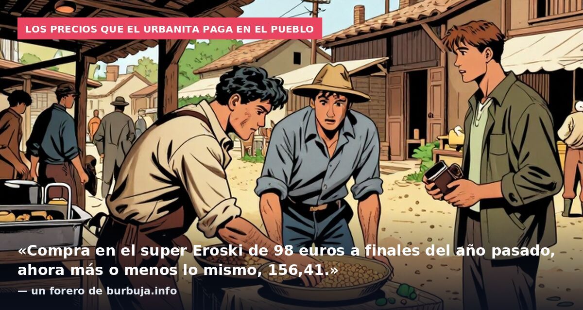 Los precios que el urbanita paga en el pueblo: «Compra en el super Eroski de 98 euros a finales del año pasado, ahora más o menos lo mismo, 156,41.» — un forero de burbuja.info