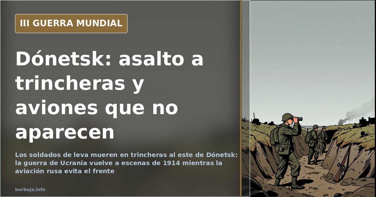 Trinchera de tierra y sacos terreros en el frente de Dónetsk con humo lejano en el horizonte, sin figuras humanas a la vista