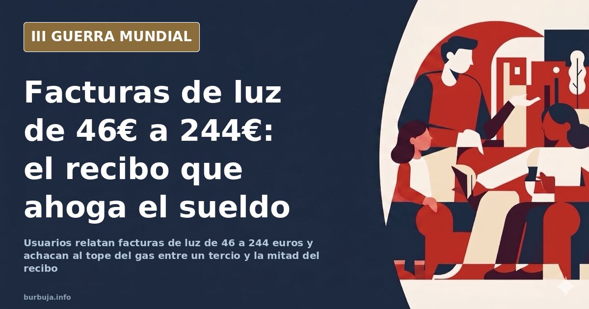 Escena documental desaturada con facturas de luz y gas sobre una mesa y la silueta de un gasoducto al fondo