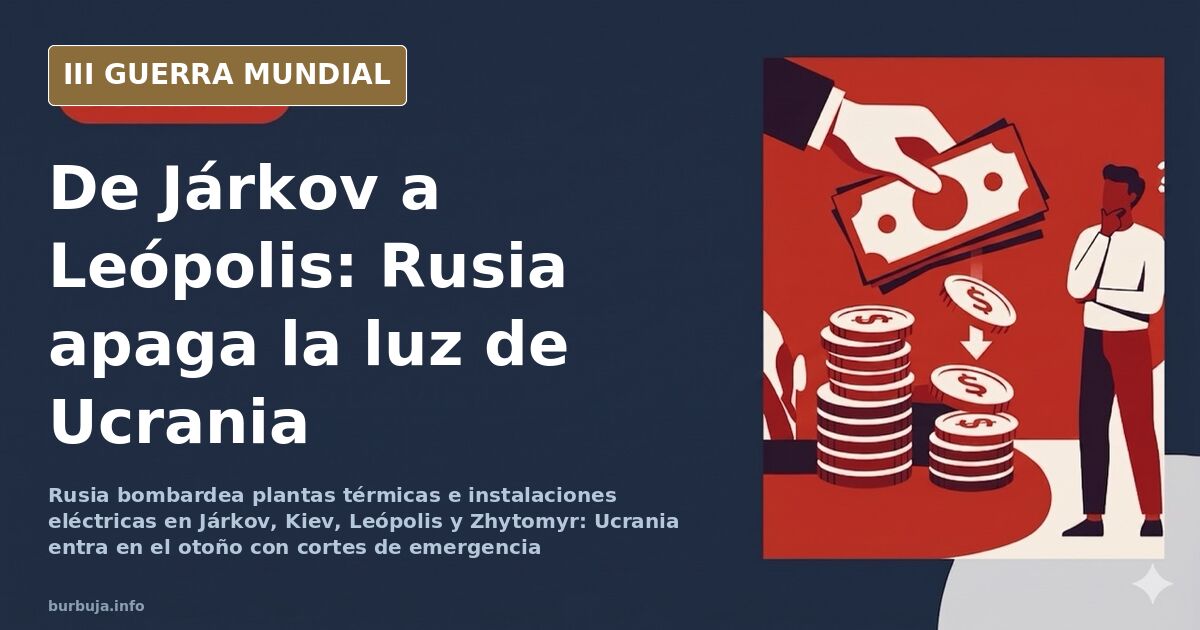 Silueta de una instalación eléctrica dañada con la ciudad a oscuras al fondo y una columna de humo en el horizonte