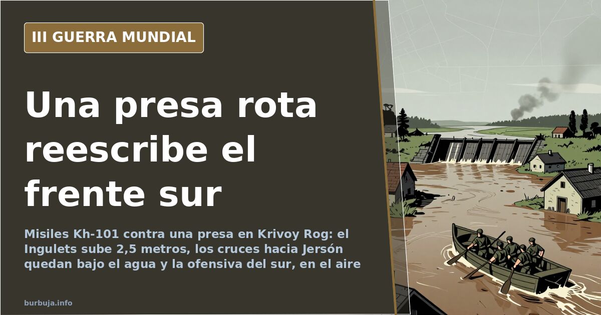 Mapa del sur de Ucrania con el río Ingulets crecido junto a la presa de Krivoy Rog y columnas de humo al fondo