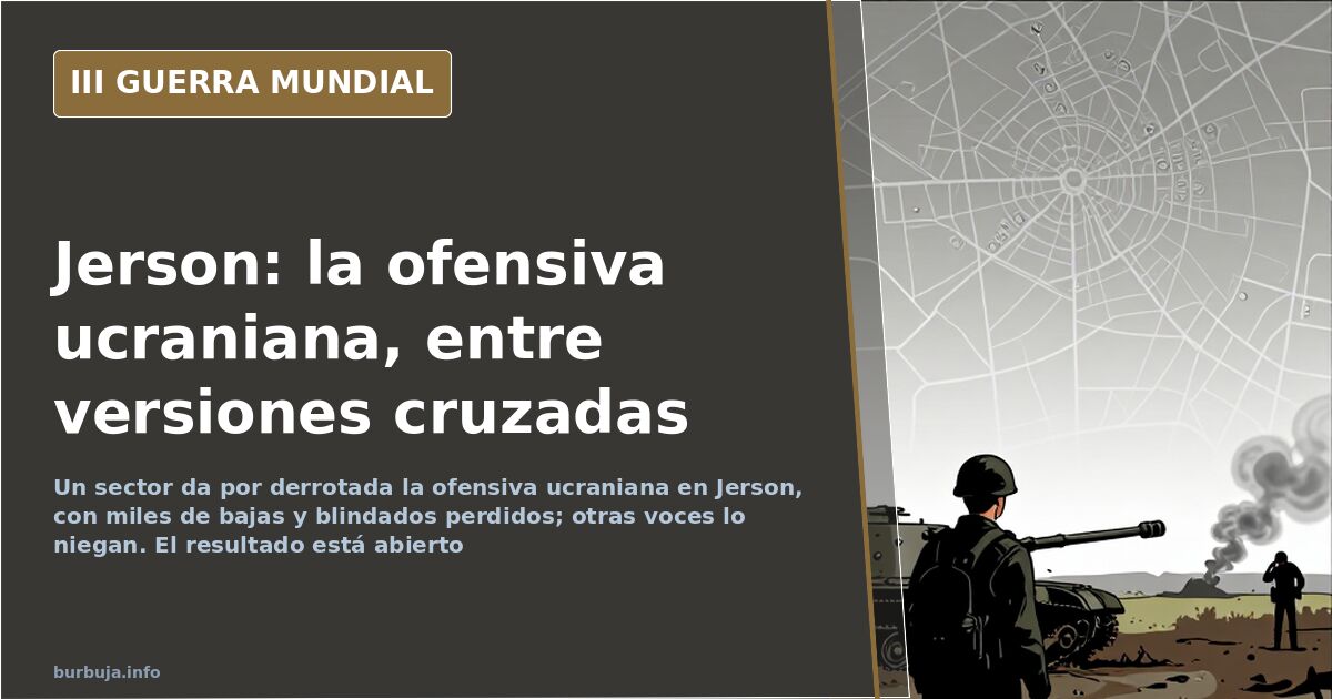 Mapa ilustrativo del frente de Jerson con el cauce crecido cortando posiciones militares y humo de artillería en el horizonte