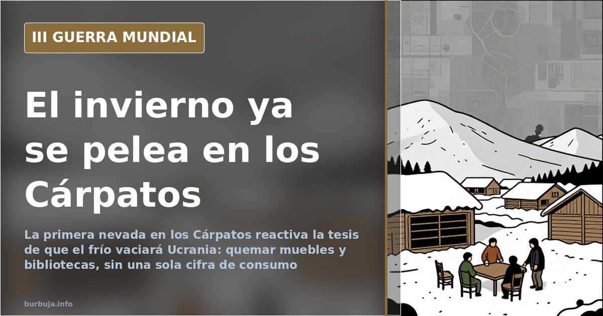 Cordillera nevada de los Cárpatos con una ciudad ucraniana al fondo y una columna de humo lejana en el horizonte