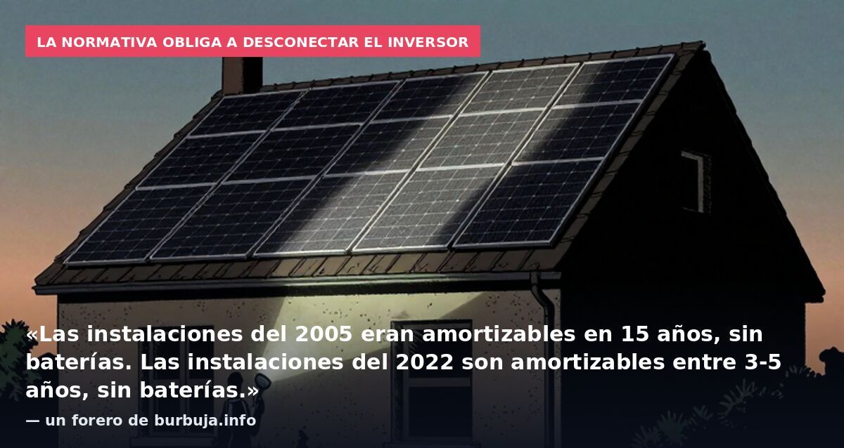 La normativa obliga a desconectar el inversor: «Las instalaciones del 2005 eran amortizables en 15 años, sin baterías. Las instalaciones del 2022 son amortizables entre 3-5 años, sin baterías.» — un forero de burbuja.info