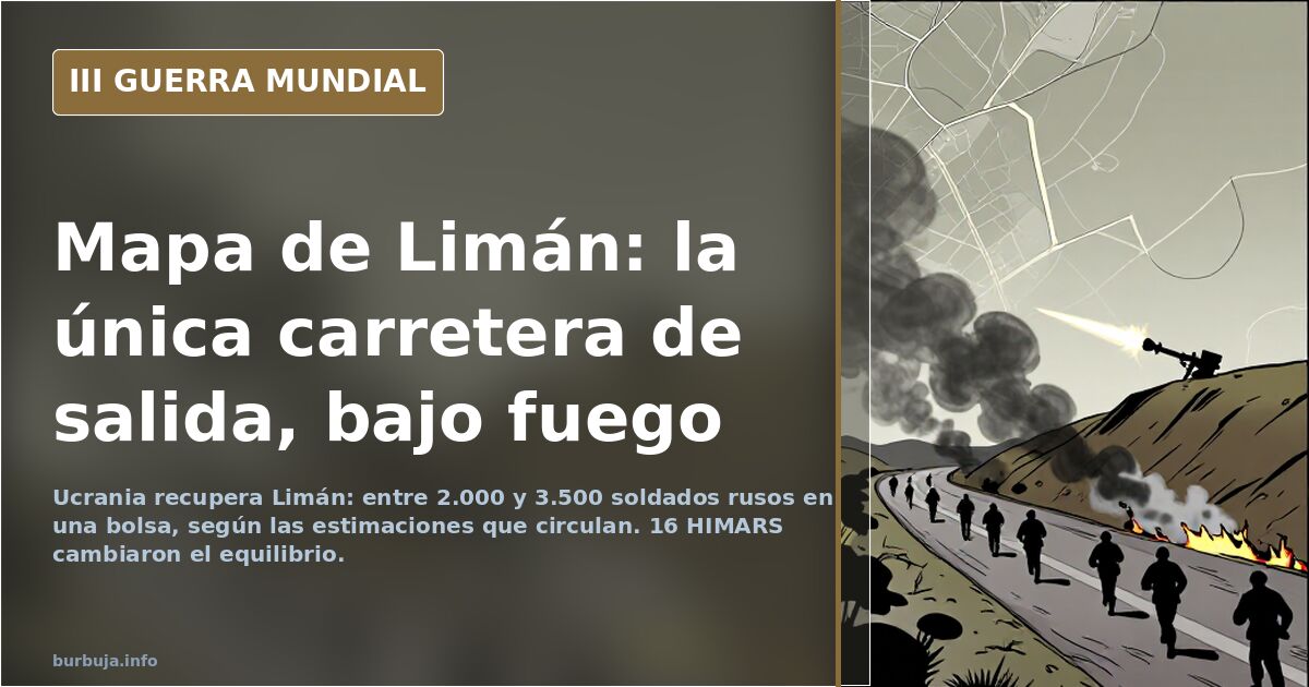 Mapa del este de Ucrania con Limán marcada y la única carretera de salida bajo líneas de artillería y humo lejano al fondo