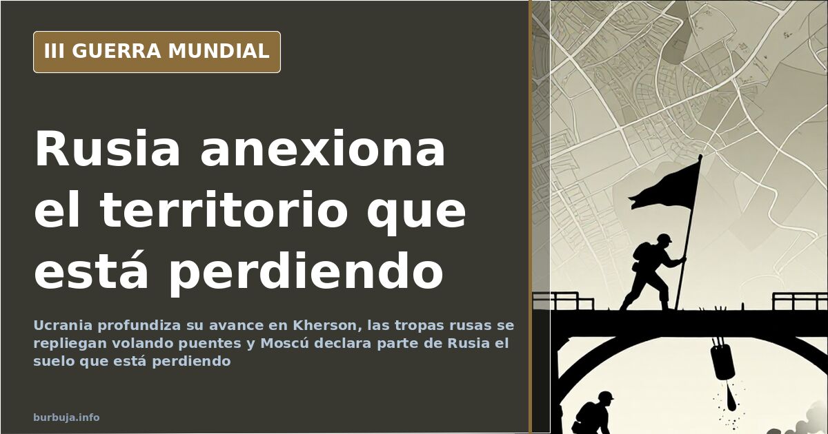 Mapa del frente sur de Ucrania con siluetas de blindados rusos en retirada y humo lejano sobre Kherson