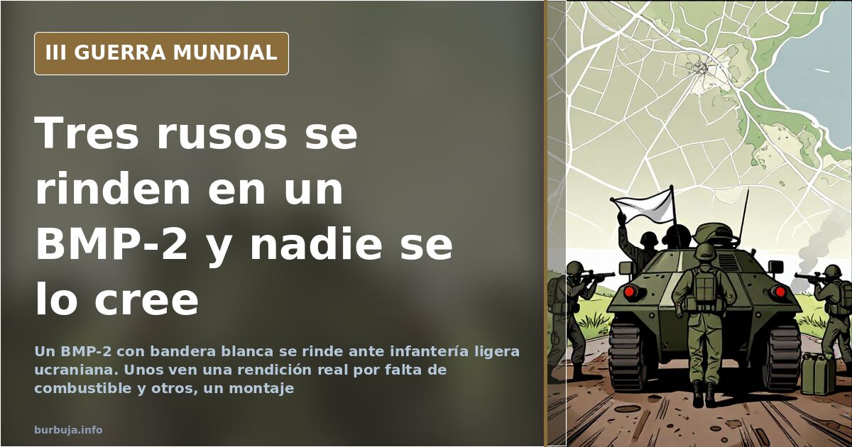Ilustración documental de un transporte blindado BMP-2 detenido con una bandera blanca ante infantería en un paisaje desatura