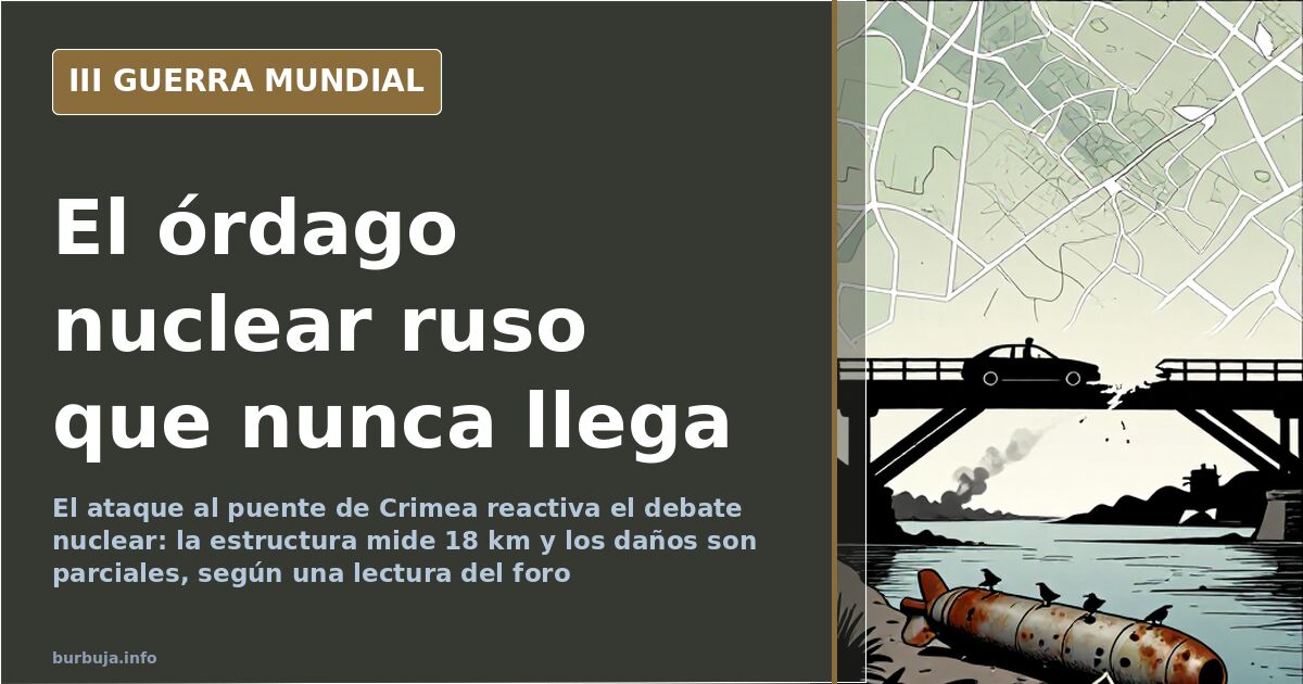 Ilustración documental desaturada de un puente de Crimea de gran longitud sobre el mar con una columna de humo lejana al fond
