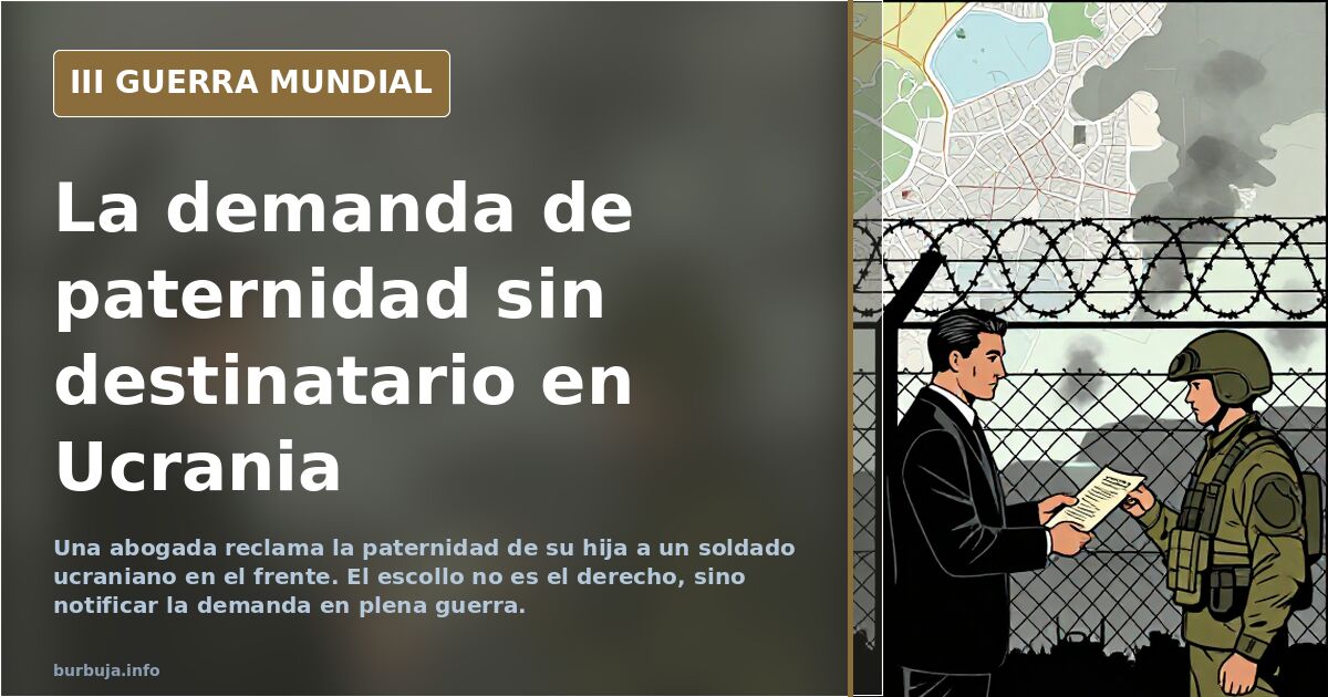 Silueta de un soldado y un mapa de Ucrania sobre un expediente judicial de demanda de paternidad, en tonos desaturados