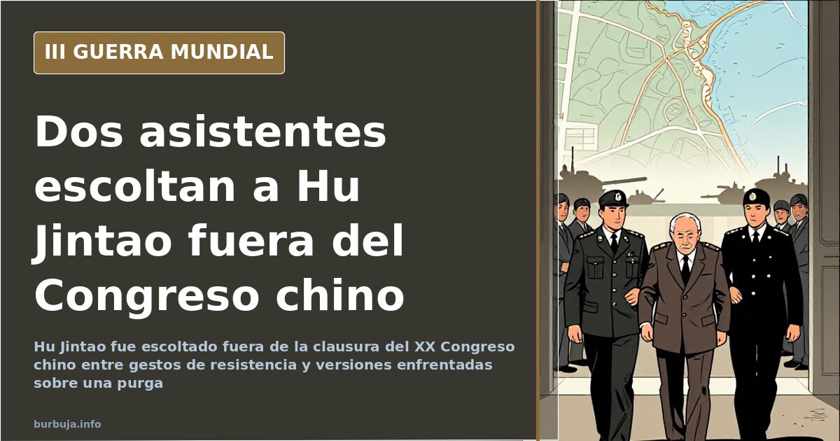 Dos asistentes escoltan al expresidente Hu Jintao durante la clausura del XX Congreso del Partido Comunista Chino