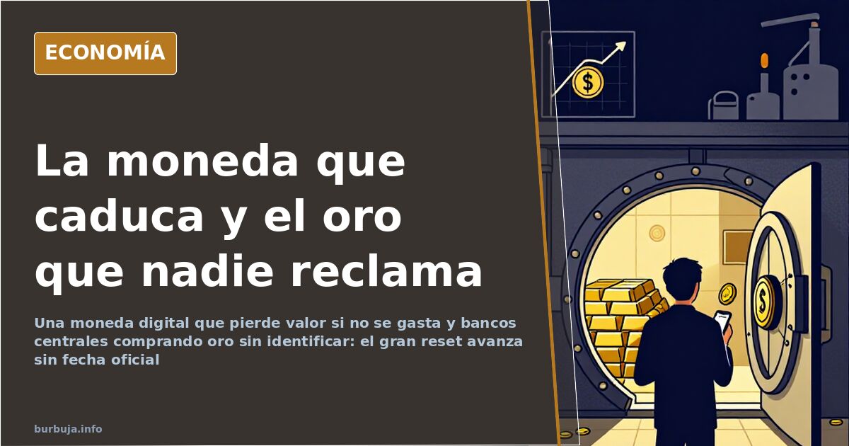 Ilustración editorial con una moneda digital con fecha de caducidad junto a lingotes de oro y gráficos de banco central