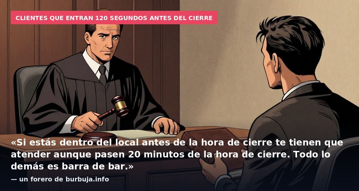 Clientes que entran 120 segundos antes del cierre: «Si estás dentro del local antes de la hora de cierre te tienen que atender aunque pasen 20 minutos de la hora de cierre. Todo lo demás es barra de bar.» — un forero de burbuja.info