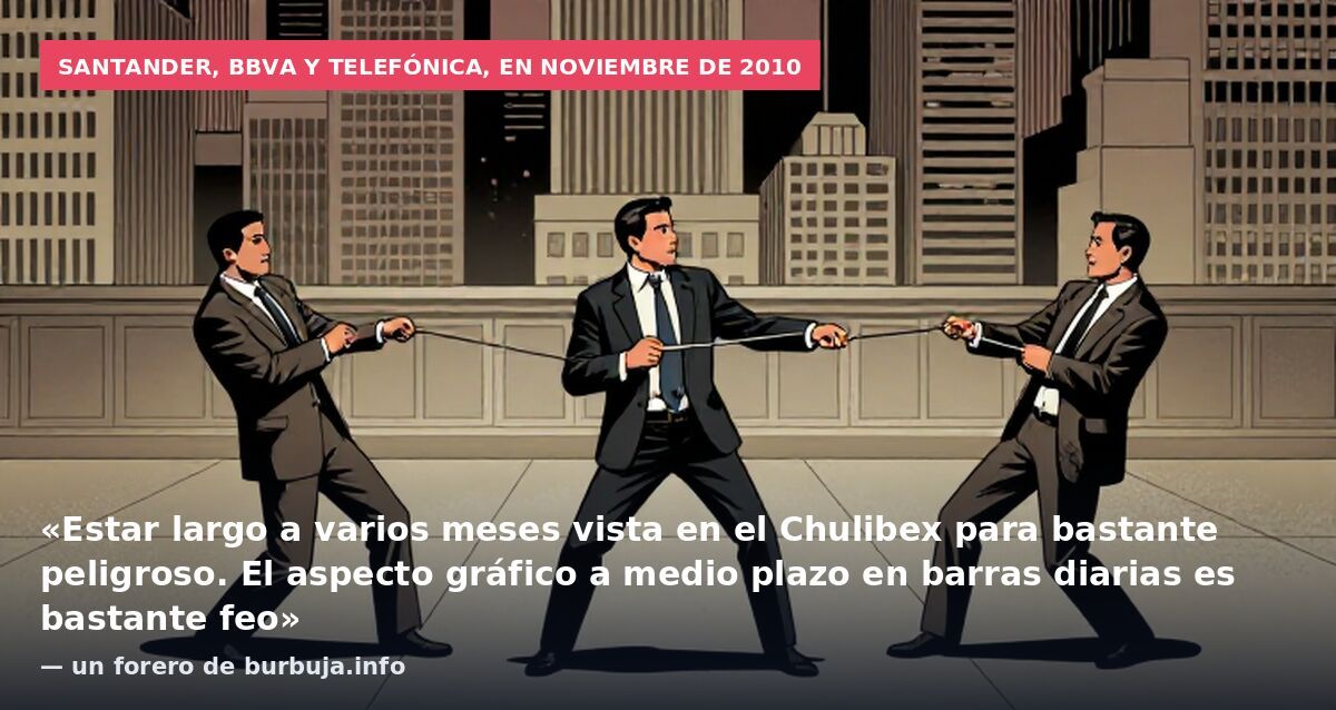 Santander, BBVA y Telefónica, en noviembre de 2010: «Estar largo a varios meses vista en el Chulibex para bastante peligroso. El aspecto gráfico a medio plazo en barras diarias es bastante feo» — un forero de burbuja.info