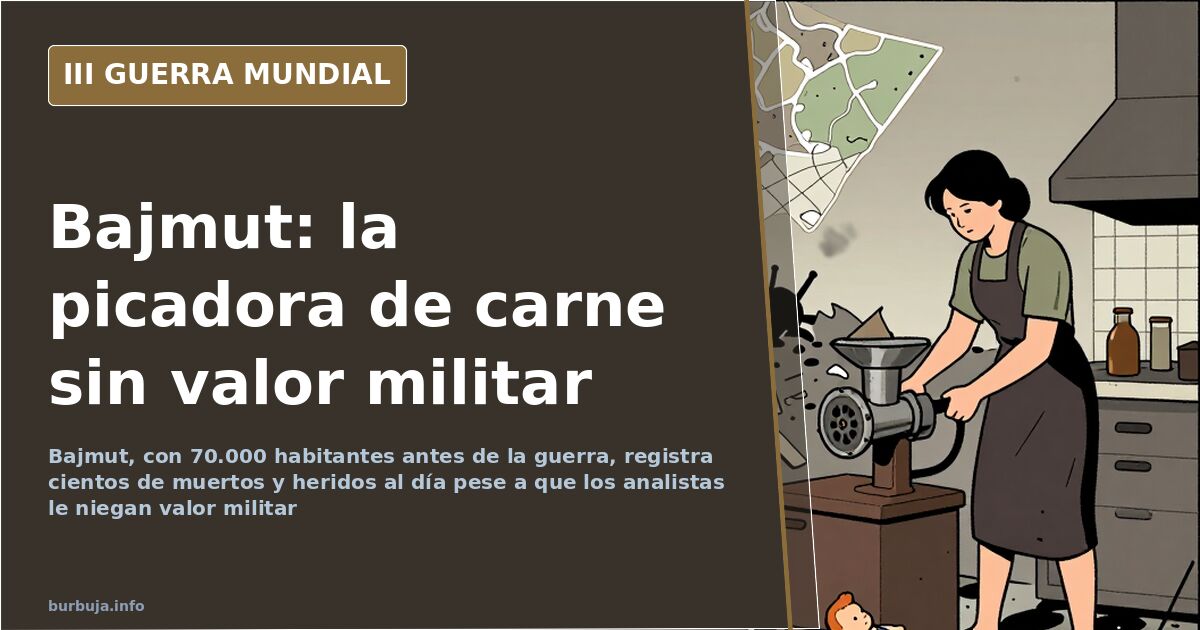 Posición ucraniana con ametralladora pesada PKM frente a un paisaje de edificios destruidos y campos yermos en Bajmut