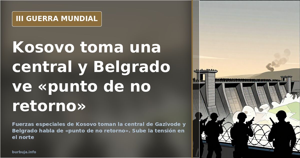 Ilustración de la disputa entre Serbia y Kosovo, con mapa de los Balcanes, silueta de una central hidroeléctrica y humo lejan