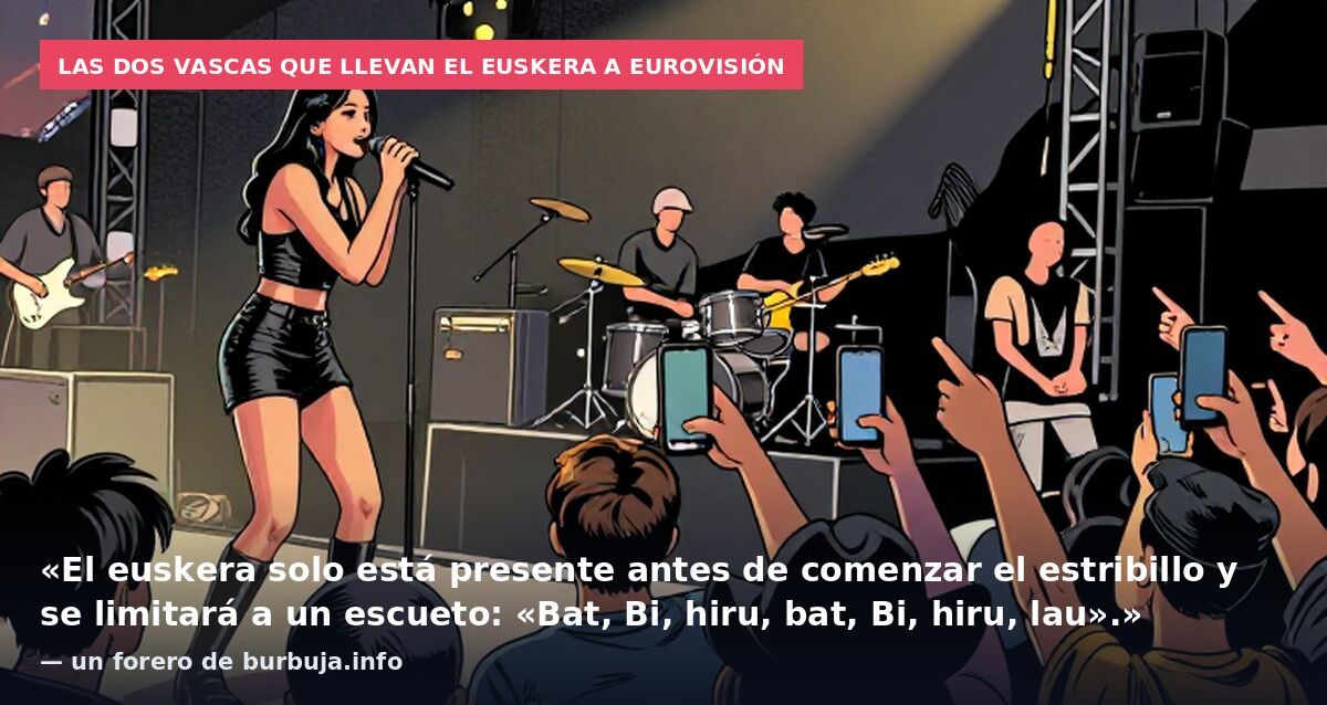 Las dos vascas que llevan el euskera a Eurovisión: «El euskera solo está presente antes de comenzar el estribillo y se limitará a un escueto: «Bat, Bi, hiru, bat, Bi, hiru, lau».» — un forero de burbuja.info