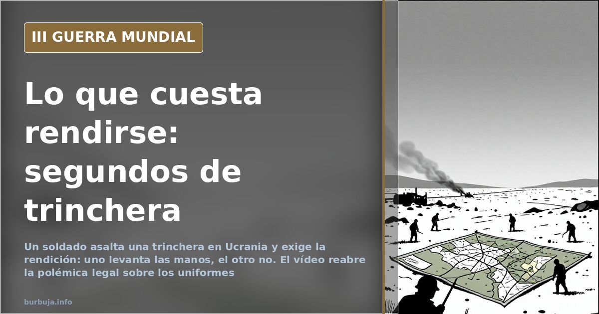 Ilustración documental de una trinchera de tierra en la guerra de Ucrania con siluetas de equipo militar y humo lejano