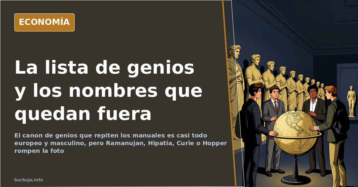Ilustración editorial de una biblioteca clásica con bustos de genios históricos y siluetas que quedan fuera del canon