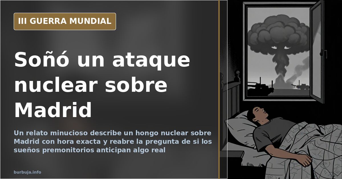 Ilustración documental de un hongo nuclear sobre Madrid con siluetas de vehículos militares y humo en el horizonte