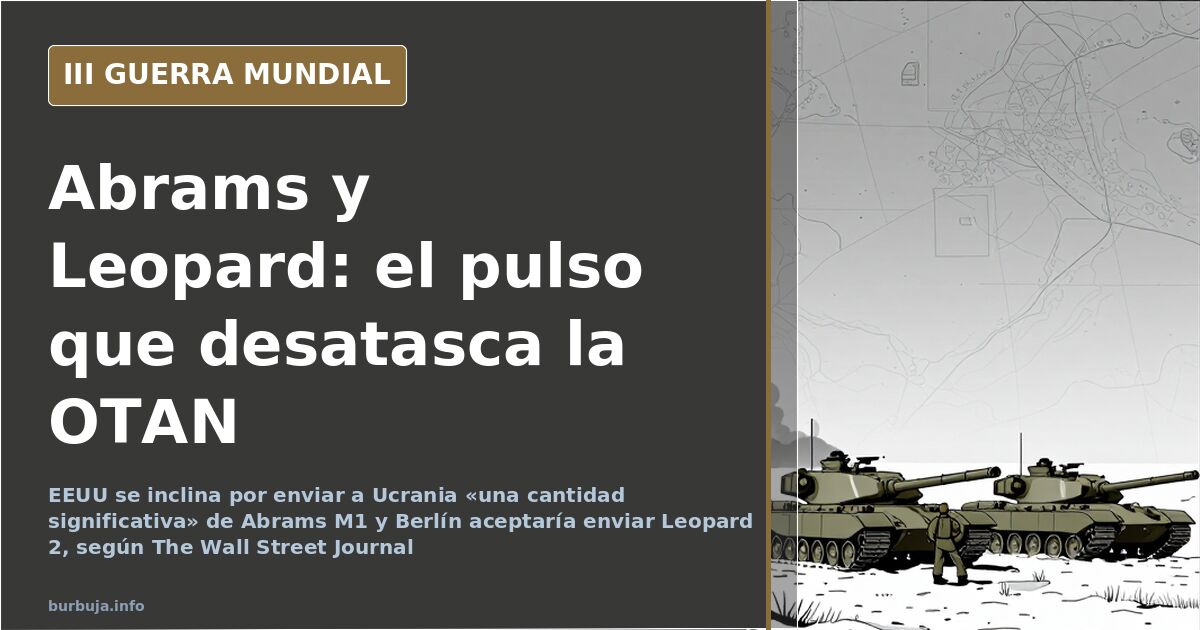 Columna de carros de combate Abrams M1 y Leopard 2 avanzando por una estepa desaturada con humo lejano en el horizonte