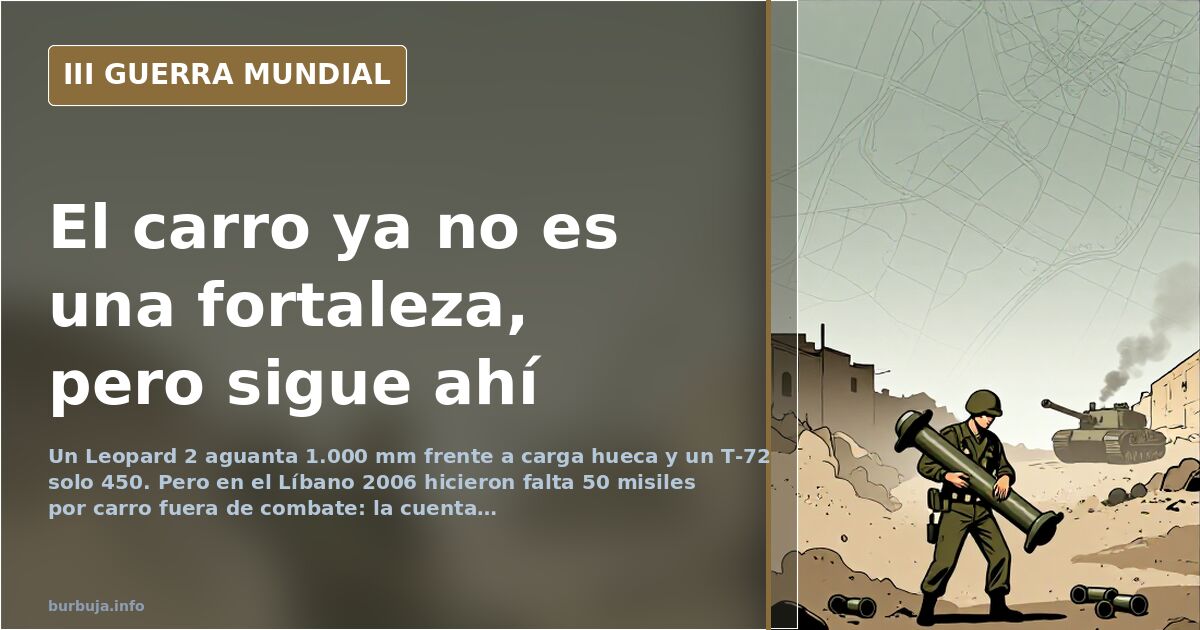 Ilustración documental de un carro de combate Leopard 2 en posición con silueta de infantería y humo lejano en el horizonte