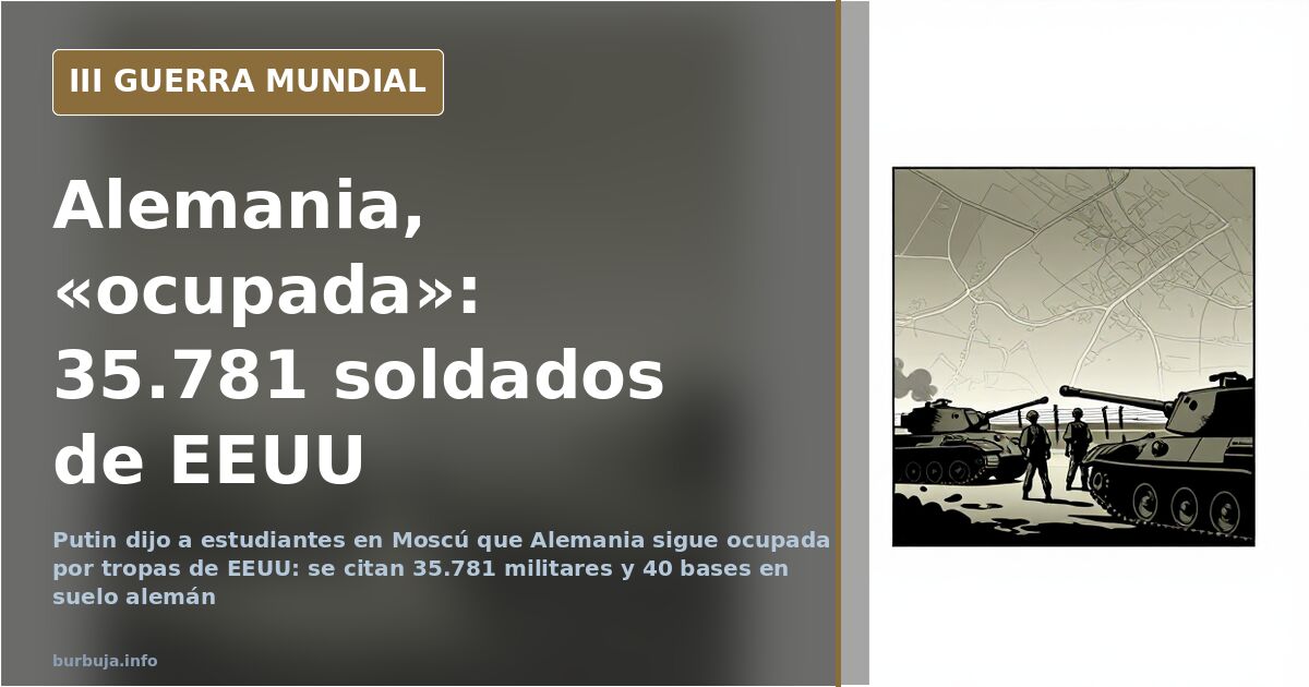 Ilustración documental desaturada de una base militar en Alemania con bandera estadounidense, vehículos blindados y humo leja